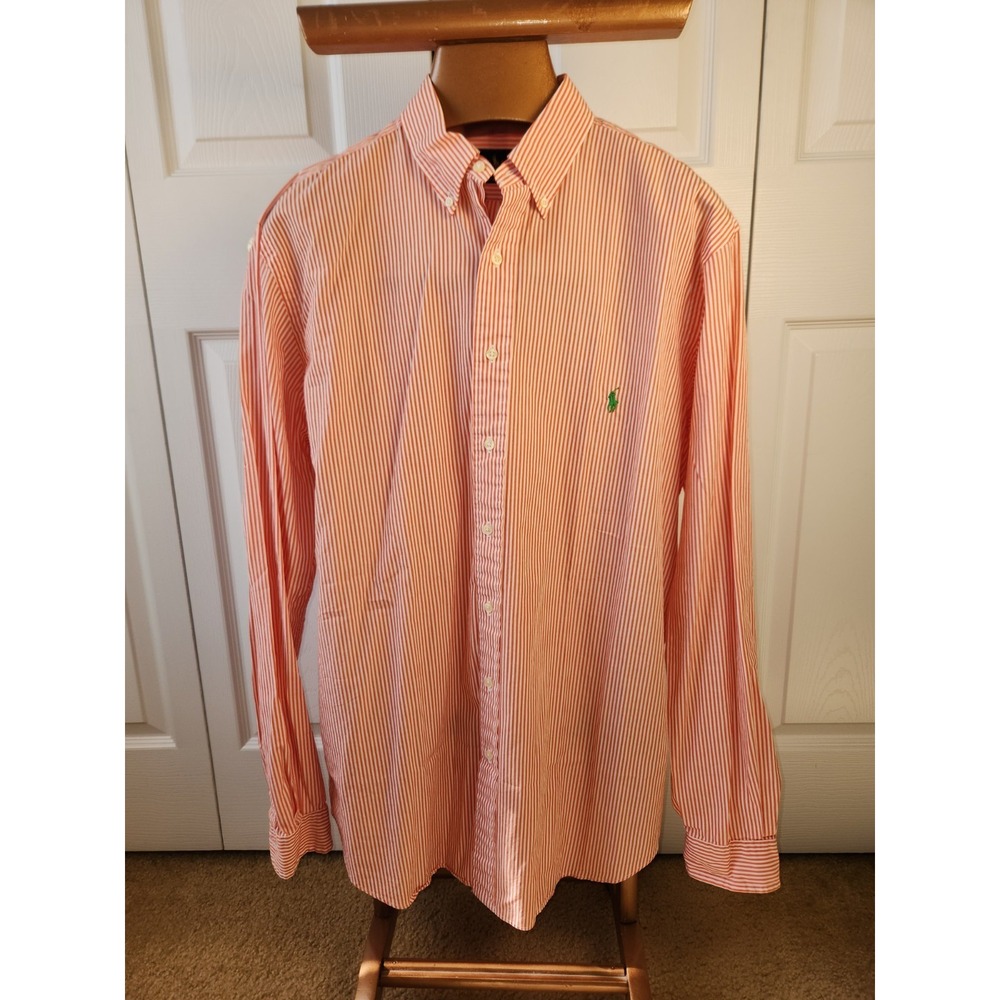 Ralph Lauren Mens Shirt Long Sleeves Classic Fit Pink Stripe Sz LT W/ Green Pony